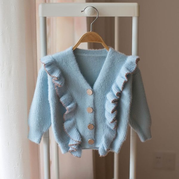 

new autumn and winter baby girls cardigan sweaters korean style ruffles cute soft kids coats v-neck children knitted sweater, Blue