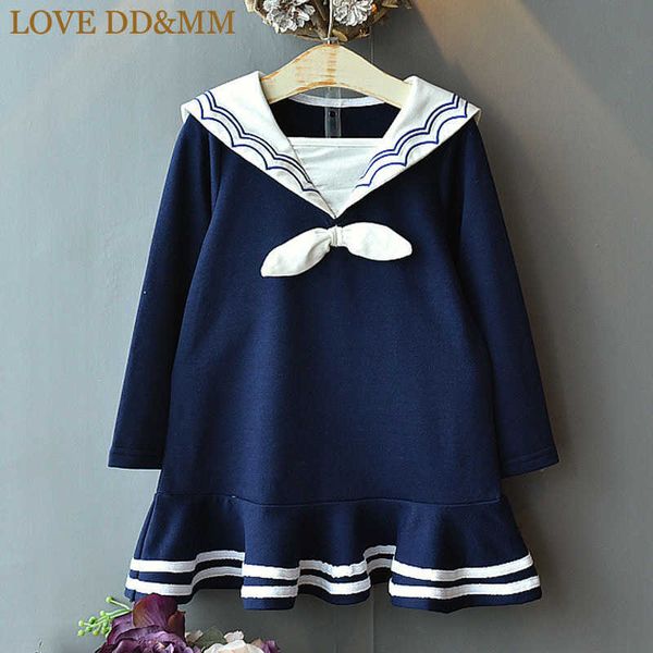 Aşk DDMM Kız Elbise Sonbahar Çocuk Giyim Kız Donanma Uzun Kollu Moda Yay Çizgili Fishtail Elbise 210715