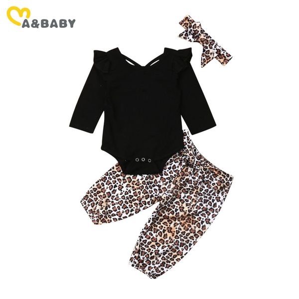 3M-3Y Bahar Doğan Bebek Yürüyor Bebek Kız Giysileri Set Siyah Ruffles Uzun Kollu Romper Leopar Pantolon Kıyafetler 210515