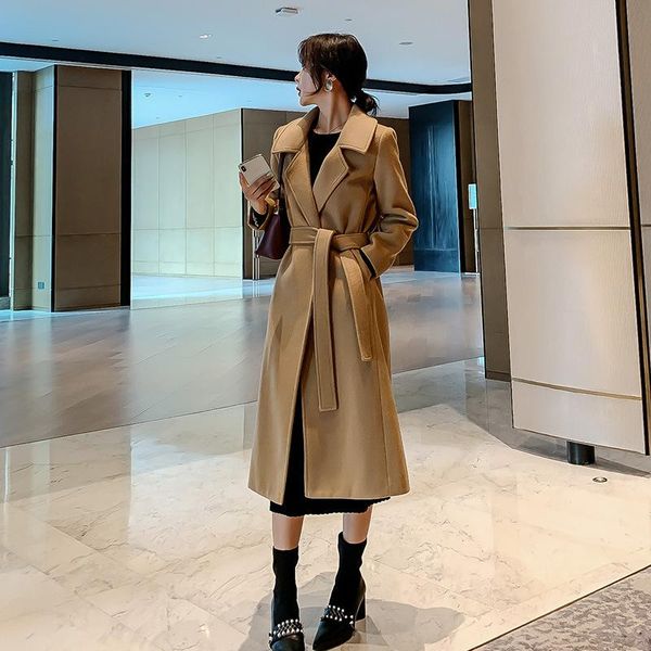 

women's wool & blends cardigans long coats with belt overcoat outwear winter elegant coat blend women fashion, Black