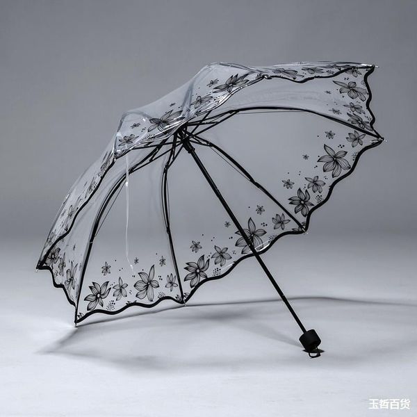 

umbrellas transparent umbrella women's folding thick cute three-fold small fresh white automatic summer vintage printing