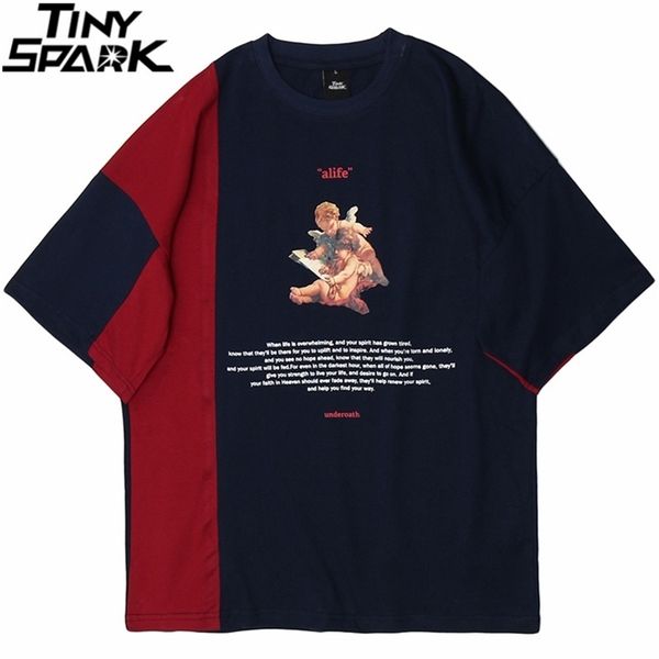 

men hip hop t shirt streetwear color block patchwork harajuku baby angel tshirt short sleeve summer t-shirt cotton tee 210714, White;black