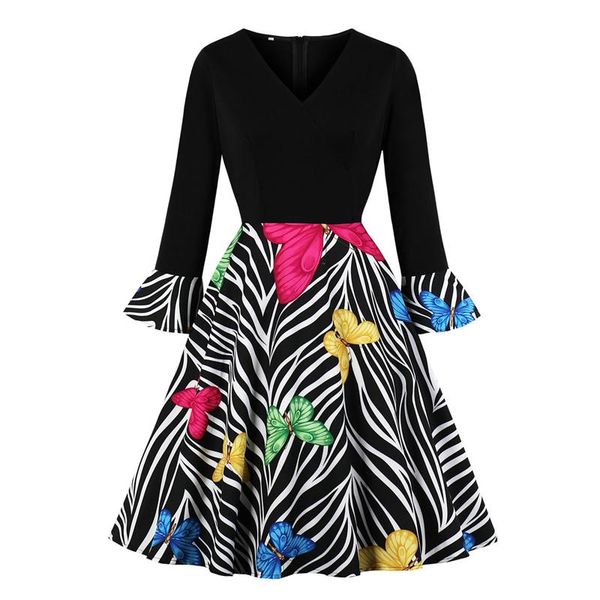 

casual dresses butterfly and striped print patchwork vintage 50s 60s rockabilly women v-neck long sleeve spring a line dress, Black;gray