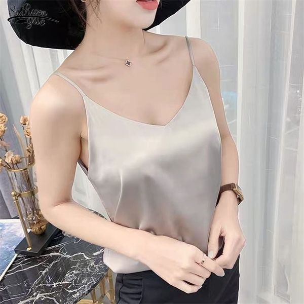 Plus Size Elegant Women White Satin Tops Coreano Seda V-Neck Tank Woman Sem Mangas Preto Tees Cami Sexy Halter 13694 210521