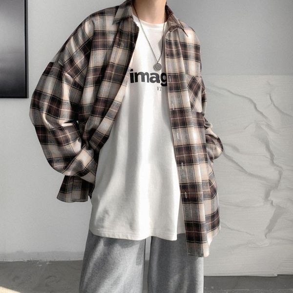 

men's casual shirts spring and autumn plaid shirt fashion retro men streetwear korean loose long-sleeved mens -xl, White;black