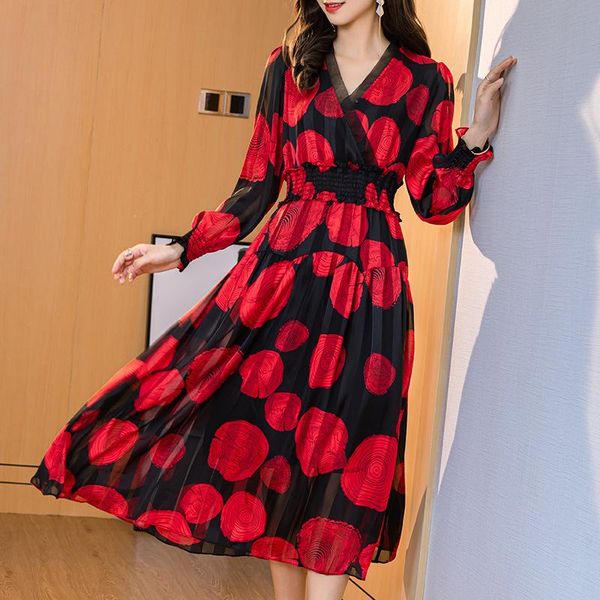 

casual dresses women dress vintage summer elegant real silk ladies beach evening party korean red long floral vestidos 8191109, Black;gray