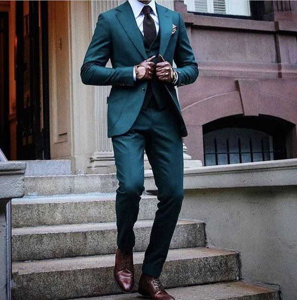 Novo Design Escuro Verde 3 Peças Mens Mens Ternos Formal Business Blazers Noivo Ternos Slim Fit casamento Smoking (Blazer + Calças) X0909