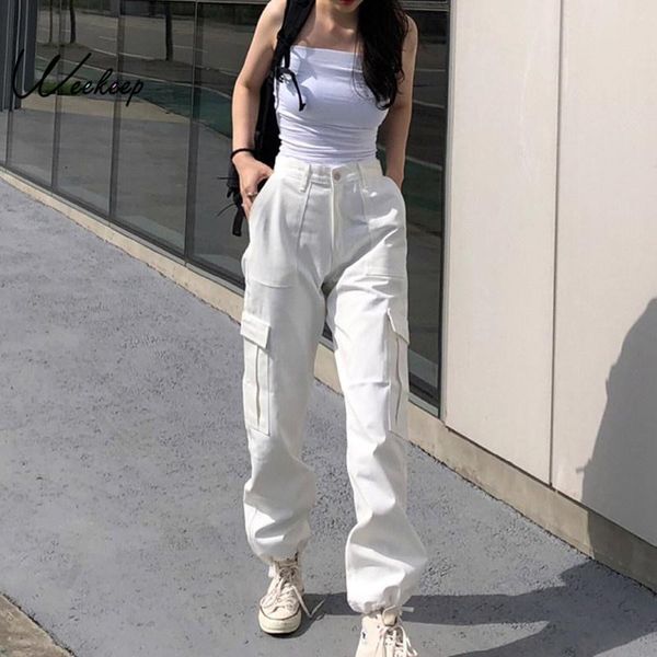 

women's pants & capris weekeep button pockets patchwork cargo women streetwear high waist trousers 2021 fashion pencil joggers, Black;white