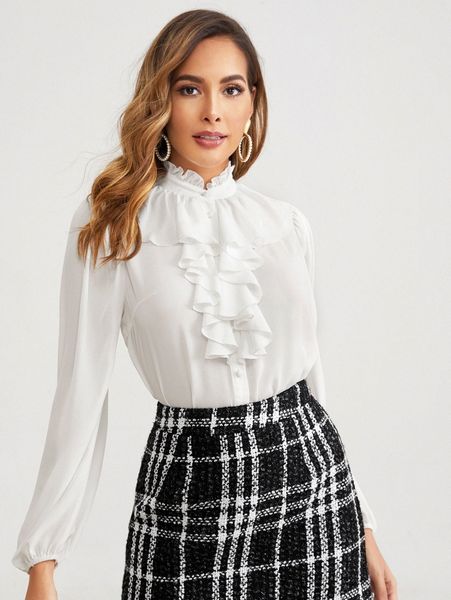 

ruffle trim button front blouse t0en#, White