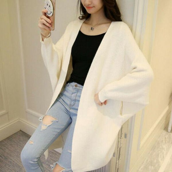

women's long sleeve cardigan sweater loose fashion bat knits & tees, White