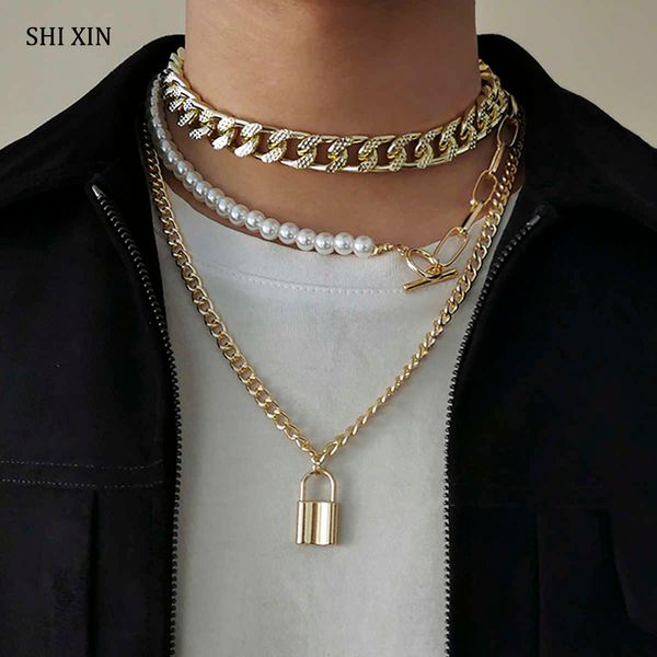 

shixin 3 pcs/set layered chunky chain choker for women lock pendant men asymmetry pearl beads necklace on neck, Silver