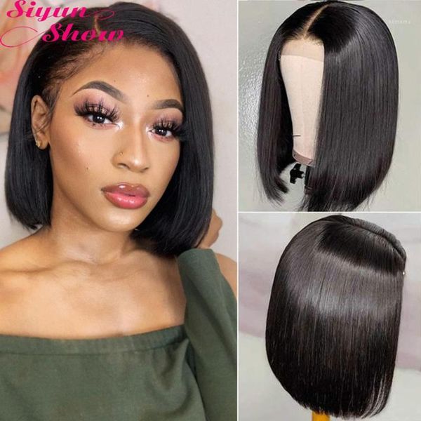 

siyun show short bob wigs 4x4 lace closure wig brazilian straight human hair for black women 150% perruque cheveux humain1, Black;brown