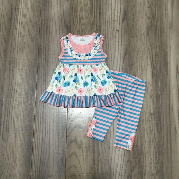 

spring summer baby girls floral dress capri pants stripe outfit, White