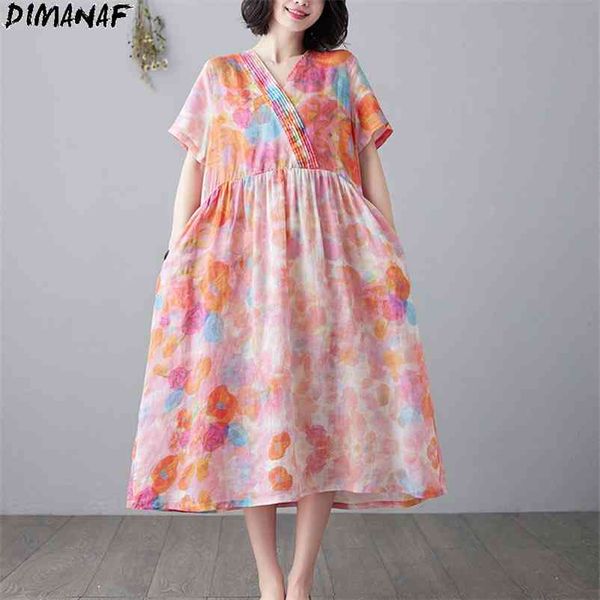 

plus size summer floral dress vintage beach sundress women vestidos v-neck linen lady long pink patchwork 210531, Black;gray