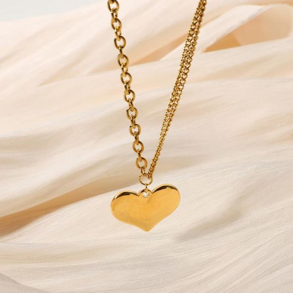 

pendant necklaces 18k gold plated stainless steel smooth chunky heart shape necklace for women double chain splicing chokers, Silver
