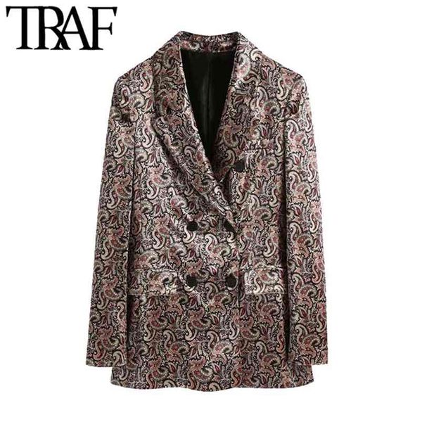 Женщины Мода Двухбордовые Paisley Print Blvet Blazer Пальто Винтаж Длинные Рукава Женская Верхняя одежда Chic Tops 210507