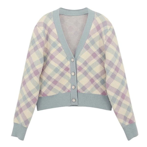 

women's knits & tees short color matching diamond knit spring inverno feminino 2021 small fresh v-neck sweater cardigan jacket, White