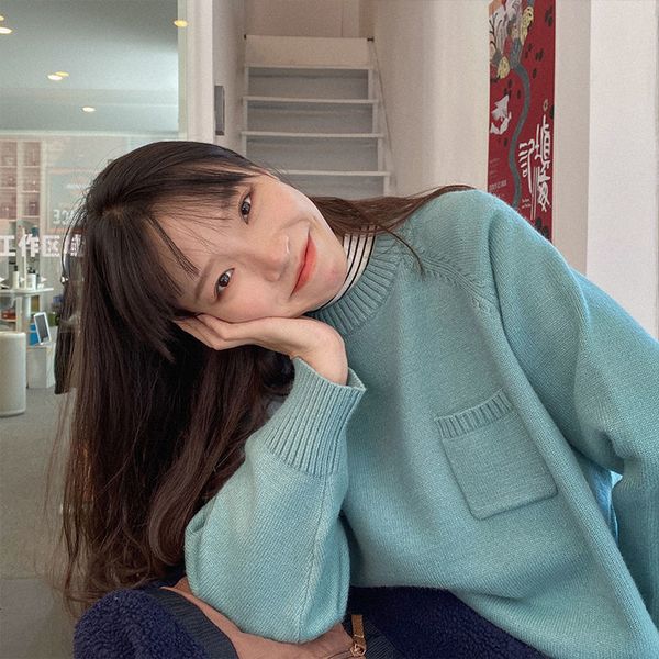

women's sweaters spring sweet woman's pullover solid-colored sweater decorate with pocket-neck knit clohte winter bh55, White;black