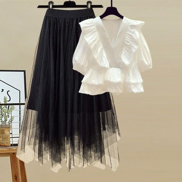 

skirts early summer 2021 fat mm niche design temperament light ripe ruffle short sleeve mesh skirt set [deliver within 5 days], Black