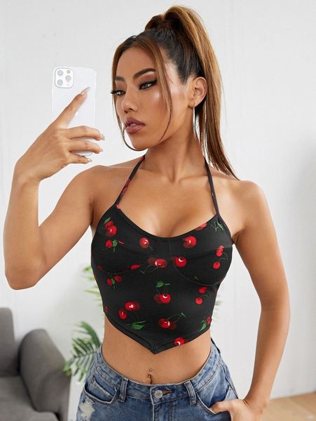 

cherry print halter x56h#, White