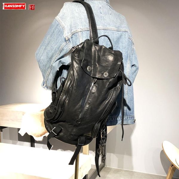 

backpack rewashing water to make old retro cowhide men and women backpacks black leather couple big bag tide