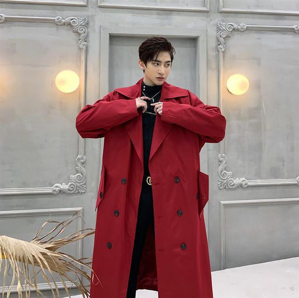 

men's trench coats male vintage streetwear hip hop red jacket windbreaker overcoat women double breasted loose casual coat, Tan;black