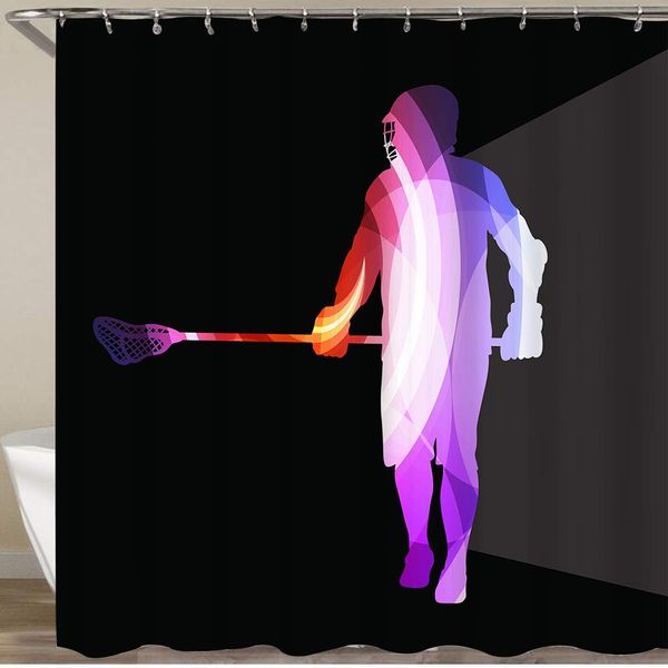 

shower curtain set with 12 hooks,lacrosse player in protective gear and in action man,decorative bath curtain modern bathroom
