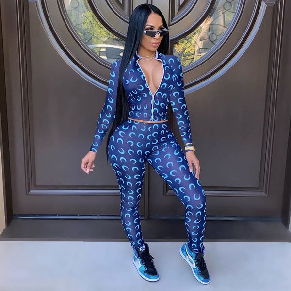 

casual blue print two piece matching set women front zipper crop and long pants long sleeve clothes sweat suitsby air, Black;white