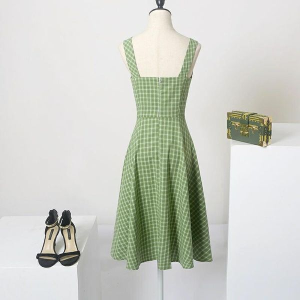 

women's spring summer style dress zippers patchwork spaghetti strap v-neck plaid elegant vintage ss3650 casual dresses, Black;gray
