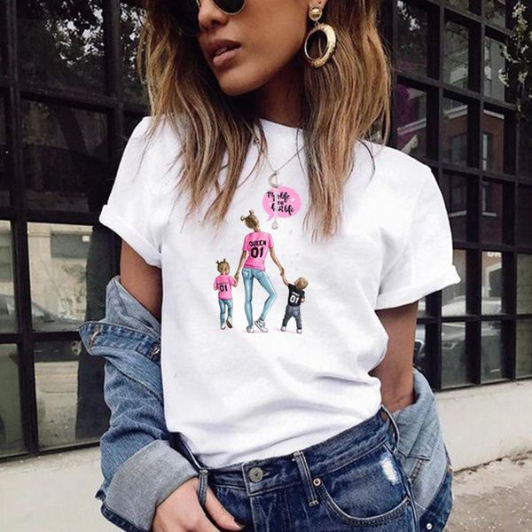 

women's t-shirt summer lady harajuku tshirt vintage o neck mom & kids print casual short sleeve fashion tee female plus size, White