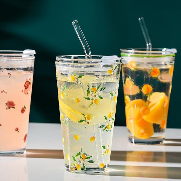 

wine glasses fashion breakfast milk transparet glass student straw cup daily use flower pattern plant cute with lid about 450ml