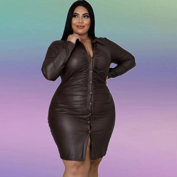 

plus size dresses xl-4xl autumn bodycon dress leather brown 2021 women long sleeve casual party wholesale drop, Black