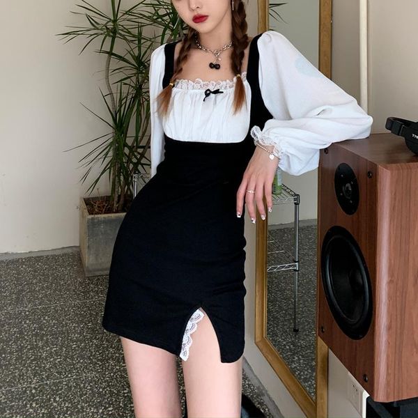 

design feeling ins false two splicing hubble-bubble sleeve square collar dress female show thin split package buttocks long-slee casual dres, Black;gray