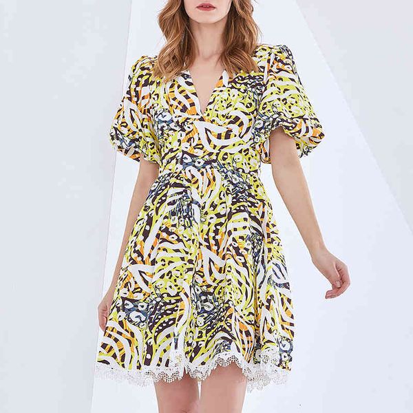 

women's knits & tees v neck floral print slim waist woman dress elegant short sleeve a line summer lace patchwork lady t8xm, White