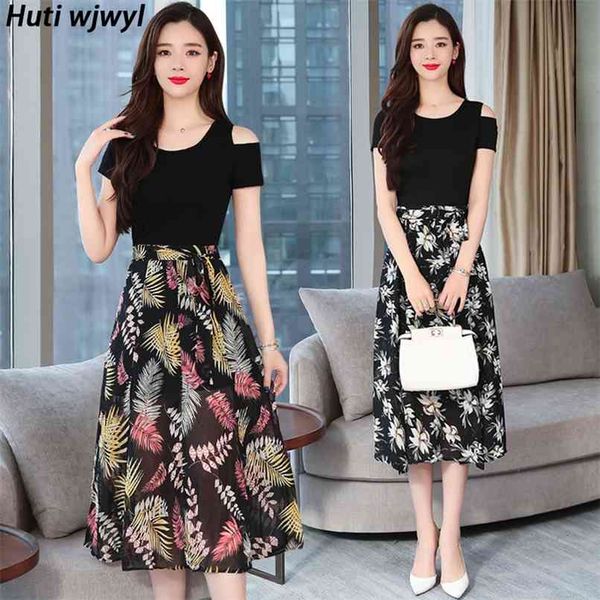 

korean vintage beach midi sundress women bodycon off shoulder party vestido summer plus size floral chiffon boho dress 210528, Black;gray