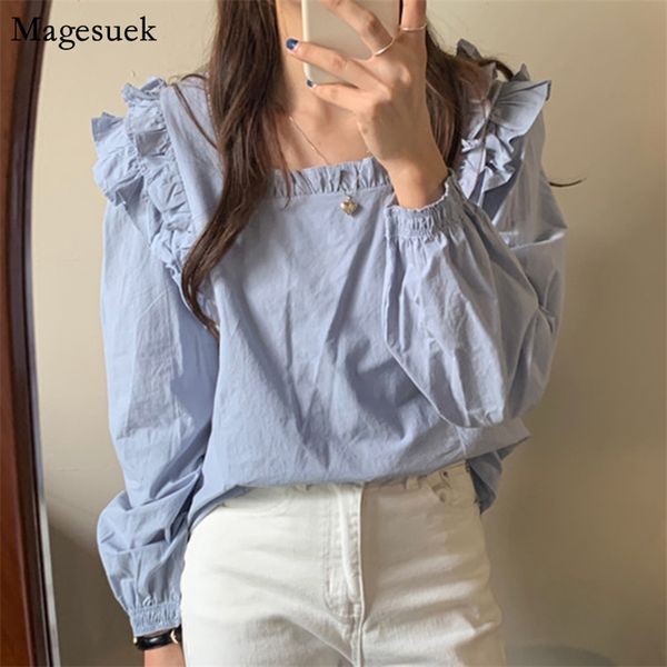 

korean sweet pleated white blouse women square collar long sleeve ruffles vintage shirt pullover office blouses 11668 210512, Black;gray