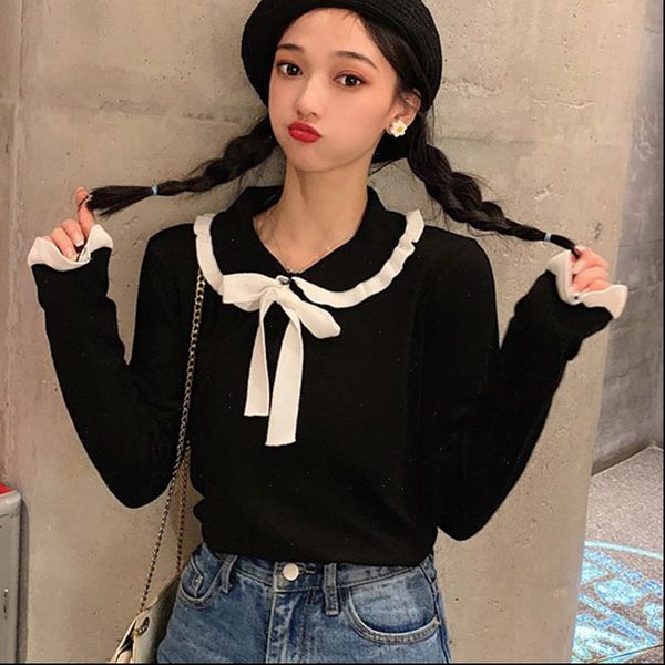 

female women sweater autumn winter clothes slim all match elastic knit pullover korean jumper brand, White;black