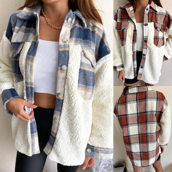 

patchwork plaid teddy coat jacekt for women winter plush warm long sleeve jacket ladies outwear turn down collar furry d30 women's jack, Black;brown
