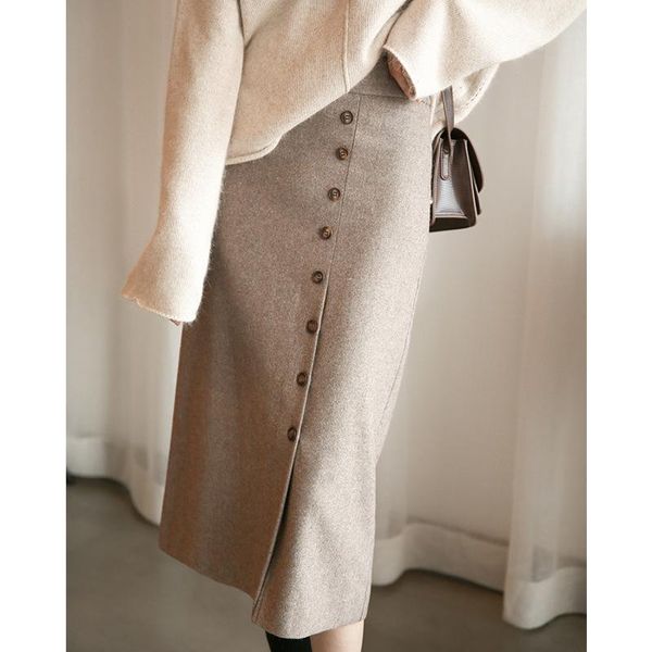 

skirts wool blended midi button skirt women high waist winter, Black