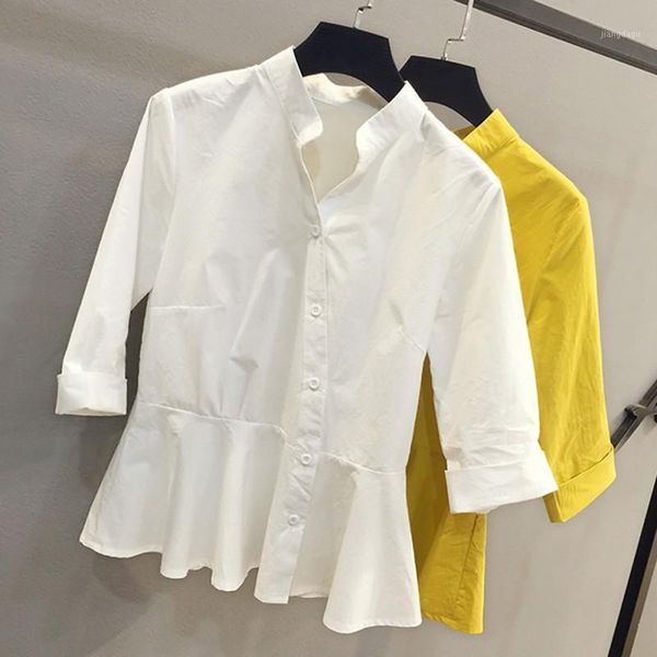 

women's temperament solid color shirt sleeves fashion stand collar cotton casual loose shirts women's blouses, White