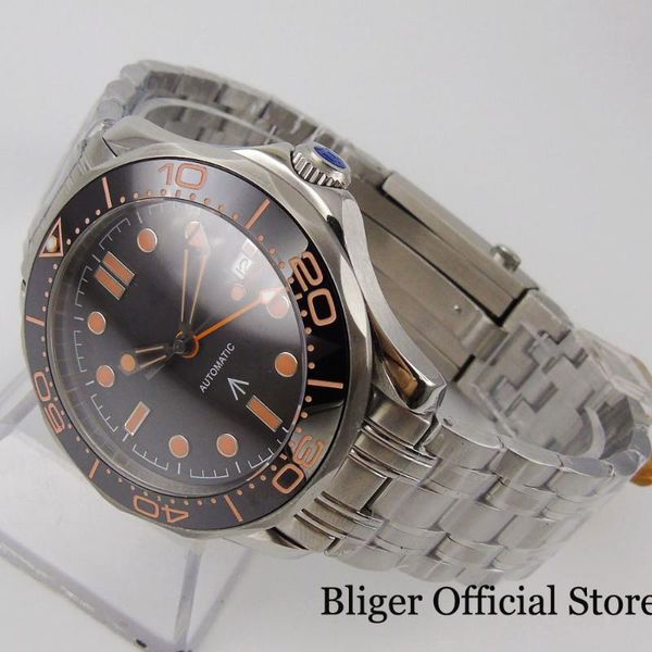 

wristwatches bliger self winding men wristwatch sapphire glass stainless steel band gmt hand rotating bezel, Slivery;brown