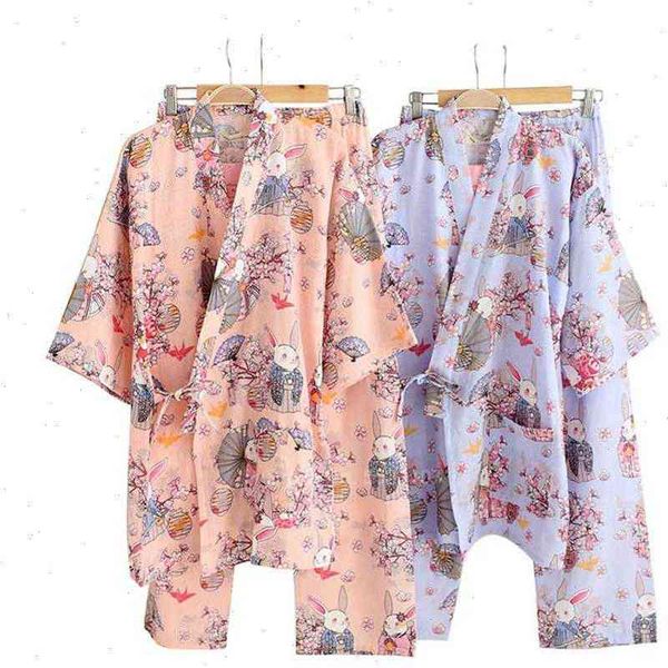 

cartoon rabbit japanese traditional kimono womens sleepwears set spa sauna bathing cotton yukata harajuku trousers suit, Black;red