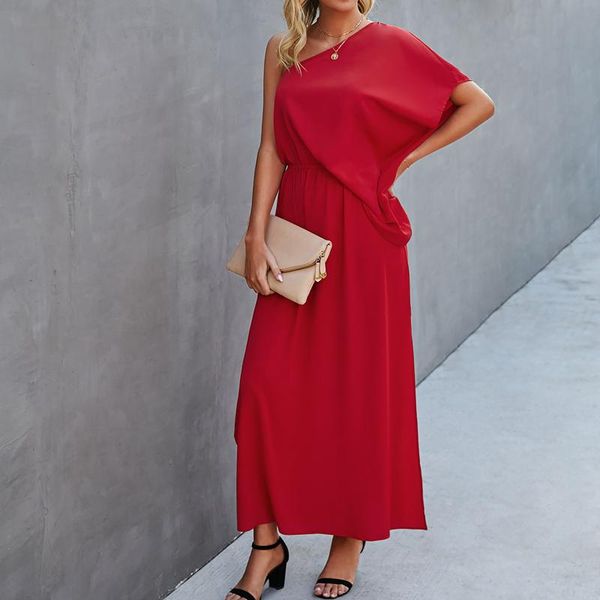 

casual dresses 40# one shoulder elegant maxi dress women solid color loose long woman dressÂ vintage ruffle summer vestido de mujer, Black;gray