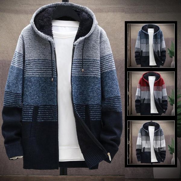 

men's jackets coat color block zipper warm knitted men cardigan sweater drawstring for travel, Black;brown
