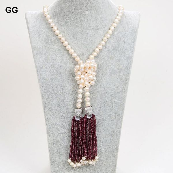 

pendant necklaces jk 41'' 8mm white pearl natural garnet necklace, Silver