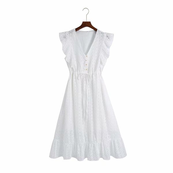 

bbwm hollow out white deep v neck ruffle white lace summer dress women vacation beach dress sleeveless long elegant dress 210520, Black;gray