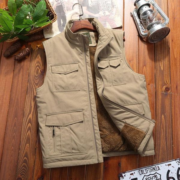 

men's vests men thick velvet vest autumn winter plus size 8xl loose multi-pocket military outdoor warm waistcoat sleeveless jacket wind, Black;white