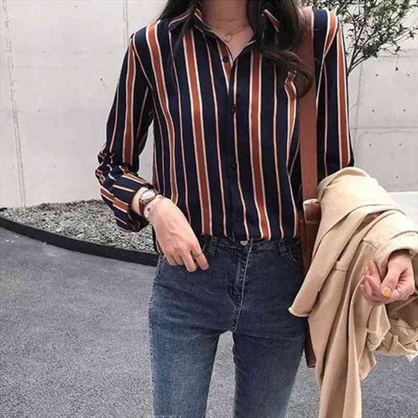 

fashion women striped print loose lapel blouse vintage long sleeve casual shirt, White