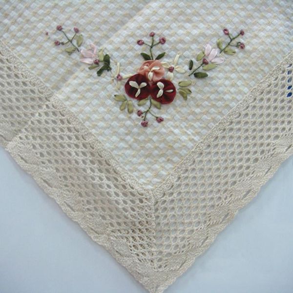 

table cloth foreign trade cotton embroidered round tablecloth, handmade ribbon embroidery rectangle tablecloth pastoral oval drape
