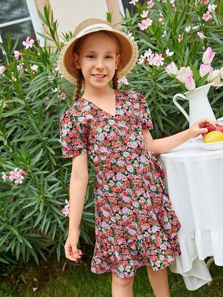 

girls allover floral print puff sleeve ruffle trim wrap hem dress she, Red;yellow
